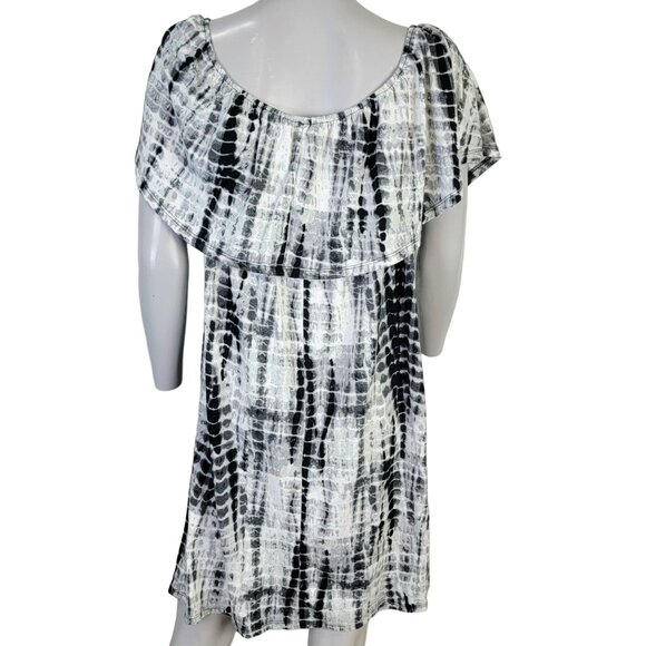 Tiered Knee Length Dress Women XL 14 Black White Scoop Neck Short Sleeve 16 Fall - Picture 3 of 12